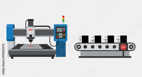 Industrial CNC machine and conveyor belt system.