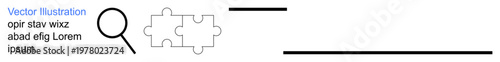 Problem-solving, analysis, research, data exploration, connectivity, collaboration. Magnifying glass next to incomplete puzzle pieces. s problem-solving and analytical