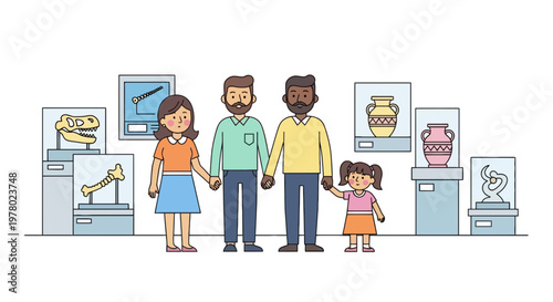 Family with child exploring exhibits at natural history museum colorful cartoon illustration style with dinosaur fossils and ancient pottery
