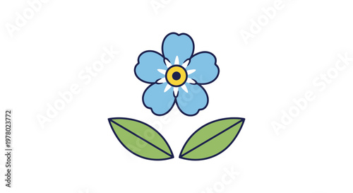 Forget-me-not flower vector illustration delicate bloom with blue petals yellow center and green leaves presented on a white backdrop