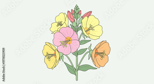 Obraz na plátne Illustration of colorful evening primrose flowers with yellow pink and orange pe