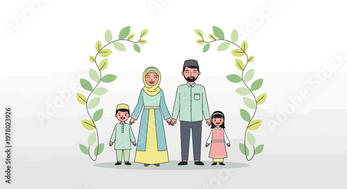 Muslim family together with daughter and son in a green leafy frame cartoon illustration vector; happy and cheerful