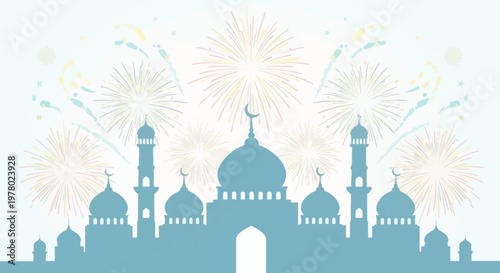 Silhouette of a mosque under fireworks display celebrating Eid al-Fitr with crescent moon minarets and domes against a light blue sky