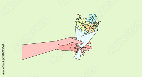 Hand holding a bouquet of delicate flowers in a paper wrap pastel colors minimalist line art illustration for gifting or celebration