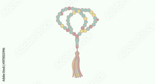 Pastel colored Islamic prayer beads illustration with counter and tassel in soft shades of yellow pink and blue for prayer and remembrance