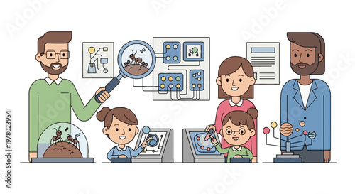 Kids and teachers learning about science with ants under a magnifying glass and a solar system model in a cartoon style