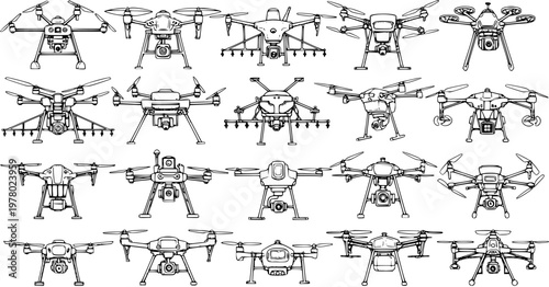 Detailed Hand-drawn Line Art Collection of Various Modern Drones (UAVs) with Different Designs, including Quadcopters, Hexacopters, and Octocopters, for Technology and Aviation Concepts