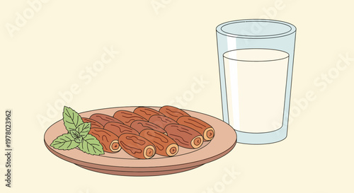Plate of Medjool Dates with Fresh Mint and Glass of Milk in Cartoon Style; Simple Healthy Ramadan Iftar Treat Still Life