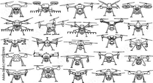 Detailed Line Art Vector Collection of Diverse Drone and Quadcopter Models, Illustrating Modern UAV Technology, Designs, and Functions for Aerial Photography and Remote Control.