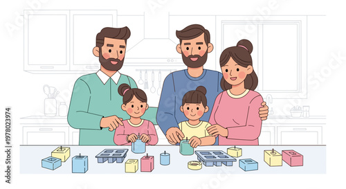 Happy family making homemade candles together in kitchen: cartoon illustration of crafting activity creative hobby and home decor project