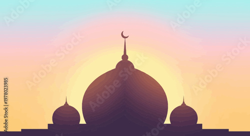 Silhouette of a mosque against a gradient sunset sky with artistic line art style featuring a crescent moon and domes