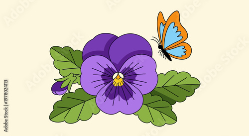 Vibrant purple pansy flower illustration with a blue and orange butterfly isolated against a cream backdrop in a vector style