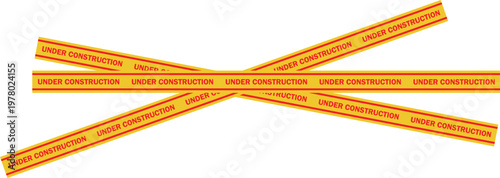 Yellow under construction tape with red text, industrial hazard barrier, and safety warning signs. Flat and modern caution design.