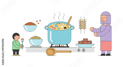 Young boy helping woman cook traditional lentil soup in light blue pot on kitchen stove preparing food together in modern flat vector style