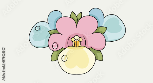 Adorable flower illustration with pastel pink petals blue leaves and a yellow bulb presented as a charming botanical icon for design