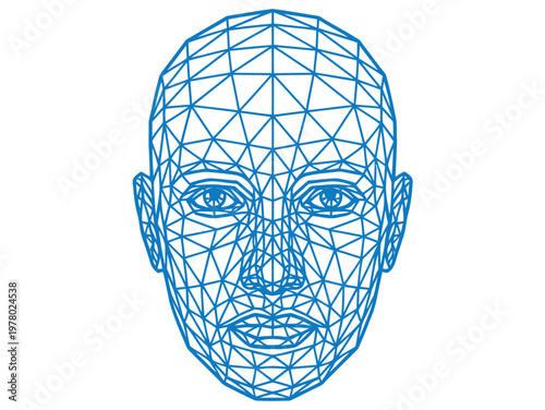 A blue wireframe mesh of a human face is depicted against a white background, showcasing a digital representation of facial structure and geometry.
