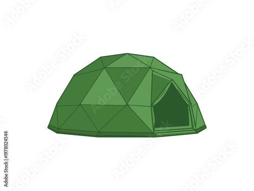 A green geodesic dome tent stands on a white background, ready for camping or outdoor adventures.