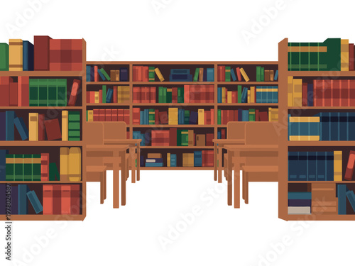 Rows of bookshelves filled with books are arranged in a library setting with tables and chairs, inviting patrons to read and study within the quiet academic space.