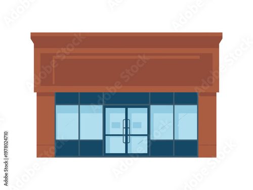 A simple, flat illustration of a brick building with large glass windows and double doors, suggesting a storefront or commercial establishment.