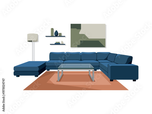A spacious blue sectional sofa with a glass-top coffee table and an orange rug is the centerpiece of a modern living room, complemented by wall art and a floor lamp.