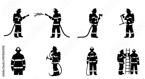 Firefighter Silhouettes Set: Action Poses and Equipment
