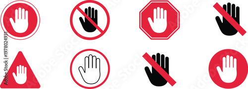 Forbidden signs dont touch hand no entry red prohibition label sticker warning vector illustration