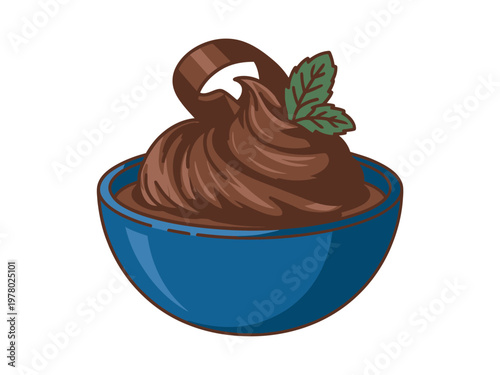 A rich chocolate mousse dessert is served in a blue bowl and garnished with a chocolate curl and fresh mint leaves.