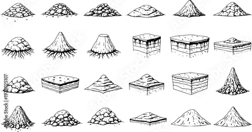 Hand-Drawn Isometric Terrain Elements: Set of Dirt Piles, Rocky Mounds, Layered Earth Blocks, and Hills for Game Design
