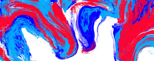 Abstract red and blue fluid liquid marble texture background. This vibrant wavy acrylic paint pour provides high contrast for digital web design.