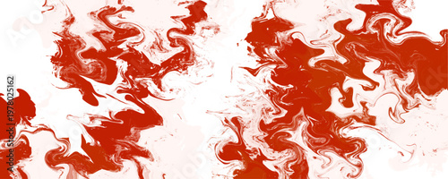 Abstract red and white fluid marble texture background splash. This messy chaotic acrylic paint pour brings bold contrast to digital layout design.