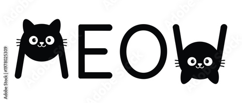 Cute black cat logo with meow text design illustration, vector