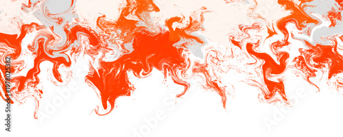 Abstract red and white fluid marble texture border background. The messy chaotic acrylic paint pour splash leaves clean digital copy space template creative digital design.