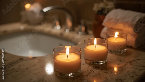 Warm candlelight bath setup in modern bathroom interior highlighting relaxation wellness and calming lifestyle atmosphere