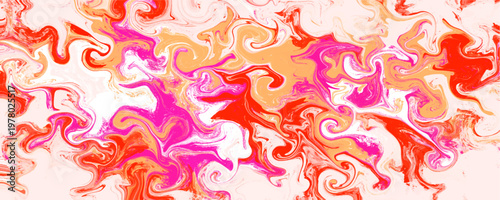 Abstract pink and orange fluid liquid marble texture background. The messy chaotic acrylic paint pour splash brings energetic style to creative digital backdrop art.