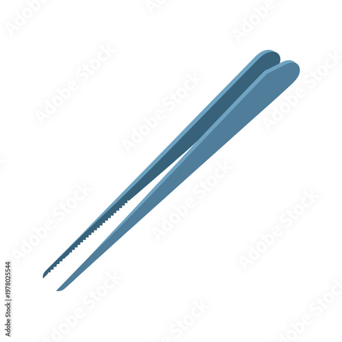 A pair of blue laboratory tweezers with serrated tips rests on a white background, ready for precise handling of small objects in a scientific or medical setting.