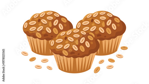 Three delicious oatmeal muffins are arranged closely together on a white background, with scattered oats around them, showcasing a wholesome baked treat.