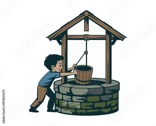 A young boy pulls a bucket of water from a stone well, which has a wooden roof and pulley system.