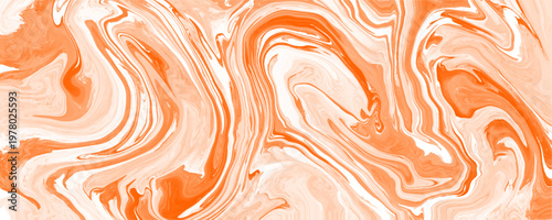 Abstract orange and white fluid liquid marble texture background. This smooth wavy acrylic paint pour pattern perfectly suits modern graphic design art.