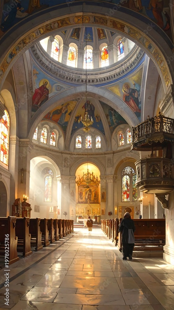 Fototapeta premium A blurry image of a church interior with stained glass and ornate details