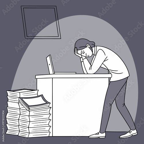 Exhausted person sleeping on desk with laptop and paper stacks flat design exhausted sleeping overworked deadline