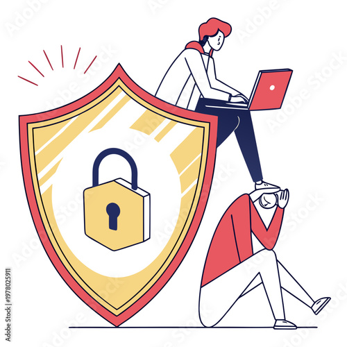 Cybersecurity and data privacy concept with people and a large shield icon personal data user data protection measures