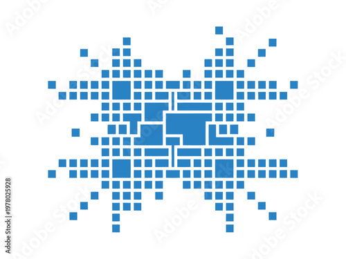 A geometric abstract design made of blue squares that resembles a snowflake or a starburst pattern on a white background.