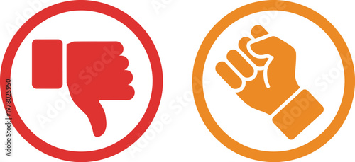 Thumbs up and down icon set, four oval black and white symbols including thumbs up thumbs down and stop hand for feedback approval rejection and warning graphics.
