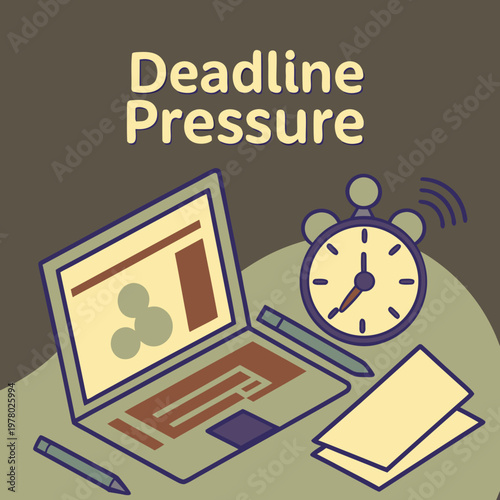 Deadline pressure concept with laptop alarm clock text late night time limit working hard deadline pressure business