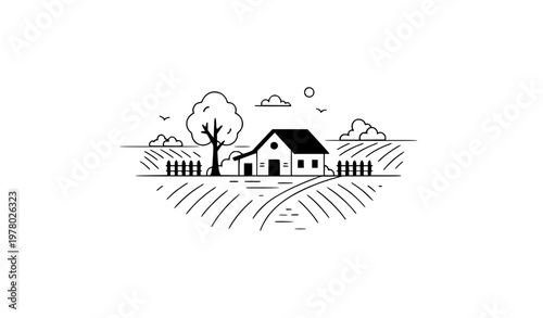 Rural village house illustration with farmer home and countryside elements in flat style isolated on white background vector