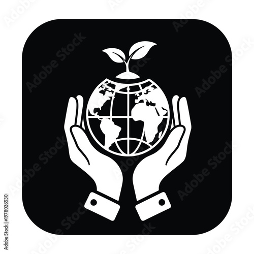 Hands holding globe with sprouting plant symbolizing earth care and conservation