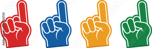 Number One Foam Finger Vector Illustration Set, Fan Cheer Accessories Showing Sports Team Support, Game Day Celebration Icon Template for Stadium Atmosphere and Promotions