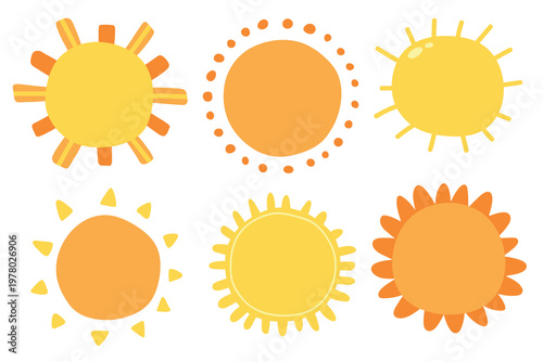 Minimal sun shapes set in flat style. Simple sun elements with different rays and decorative details. Clean modern design perfect for patterns, scrapbooking, textile, packaging, stationery and kids pr