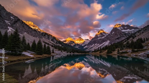 Serene mountain lake reflecting majestic peaks and cloudy blue sky, alpine landscape