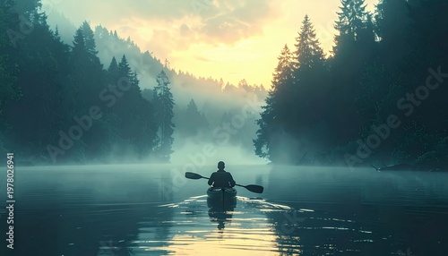 Serene Morning Canoe Ride on a Misty Lake Surrounded by Pine Forests at Sunrise.